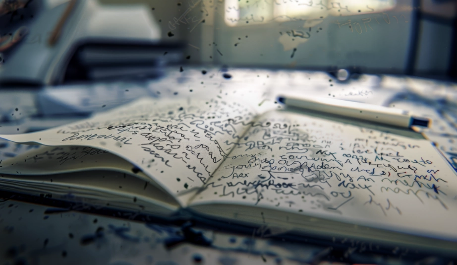 An AI visualization of myelofibrosis symptoms, expressing brain fog with a notebook full of illegible scribbles.