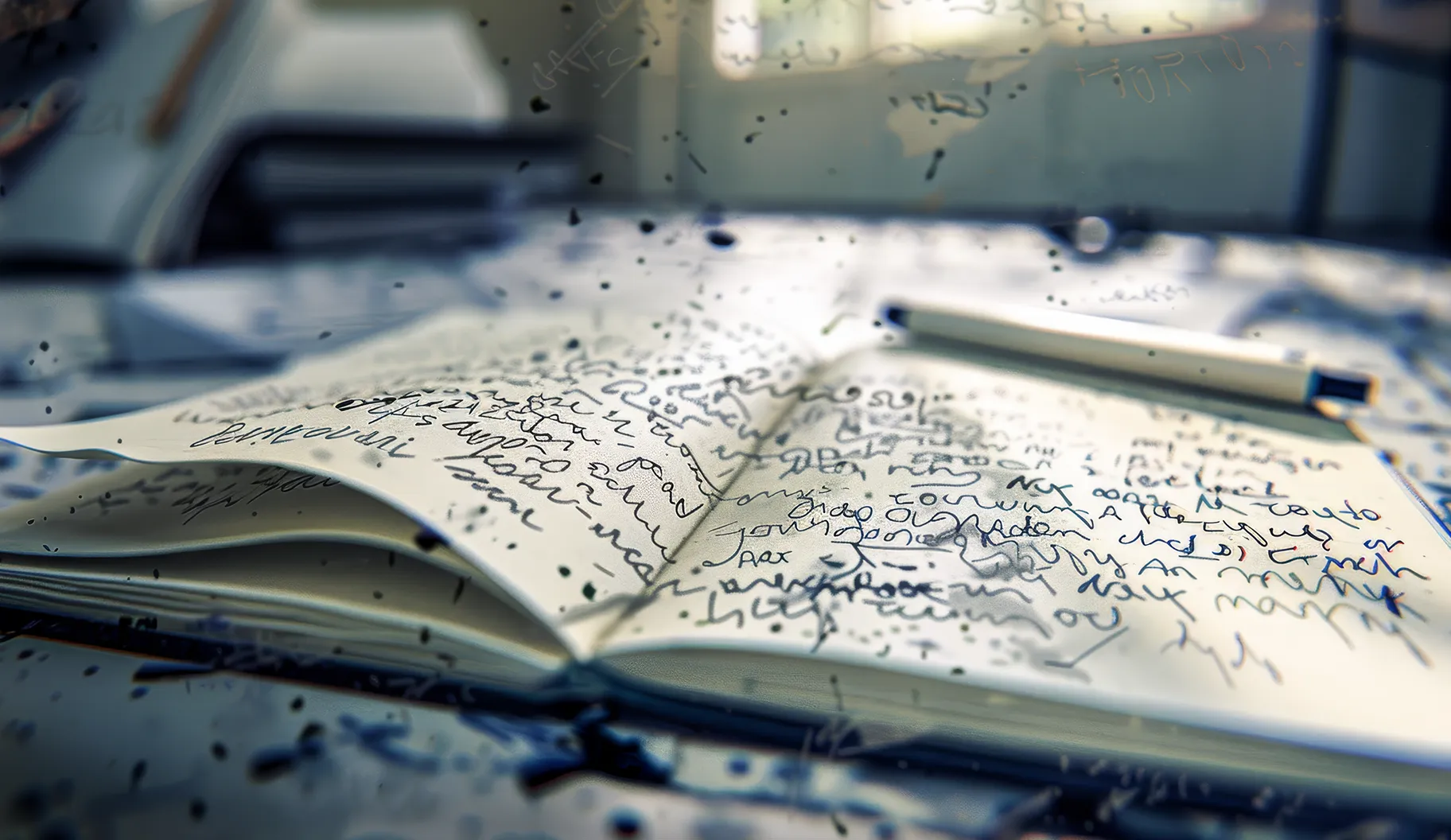 An AI visualization of myelofibrosis symptoms, expressing brain fog with a notebook full of illegible scribbles.