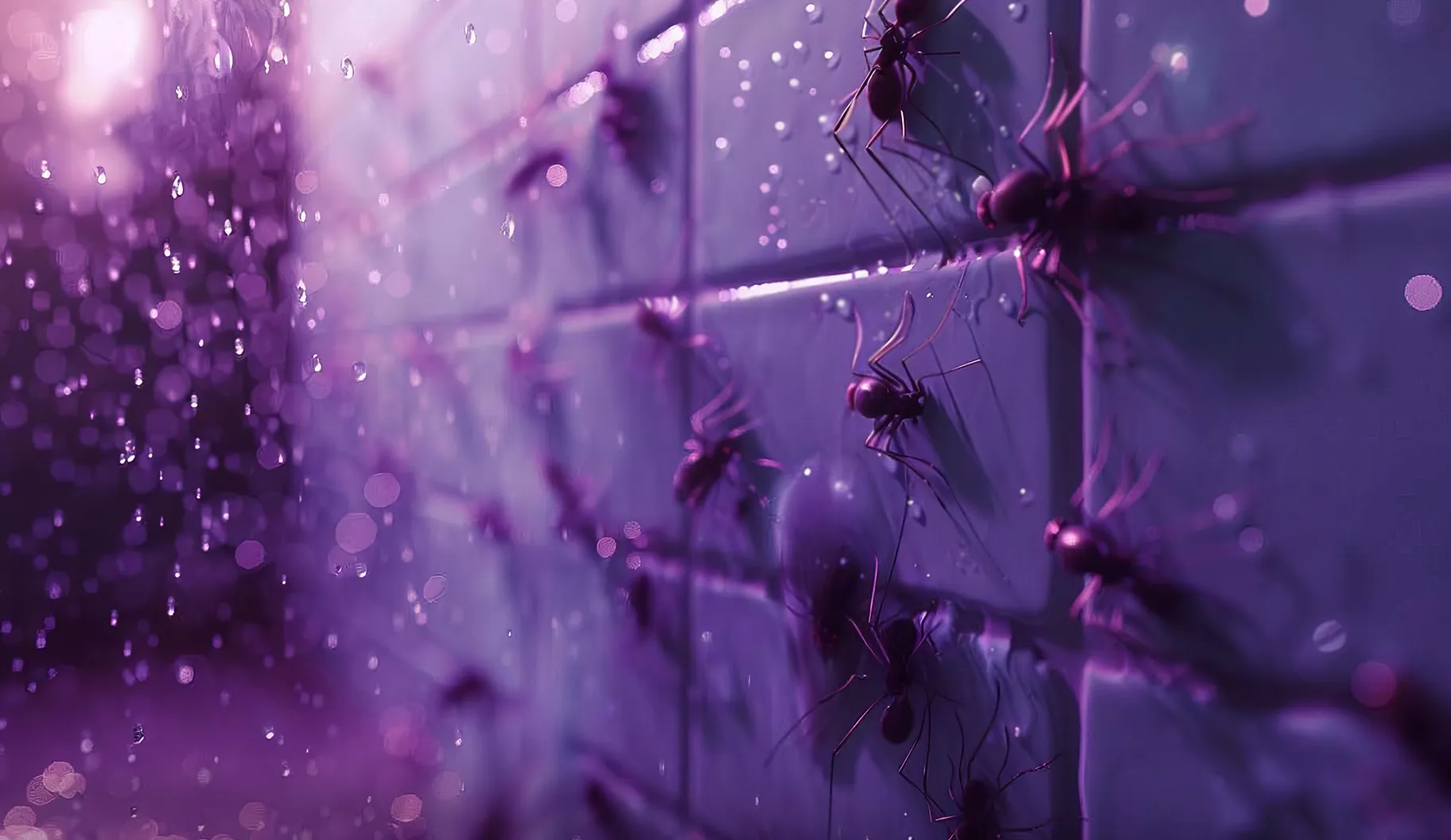 An AI visualization of myelofibrosis symptoms, showing a purple tiled wall covered in large ants.