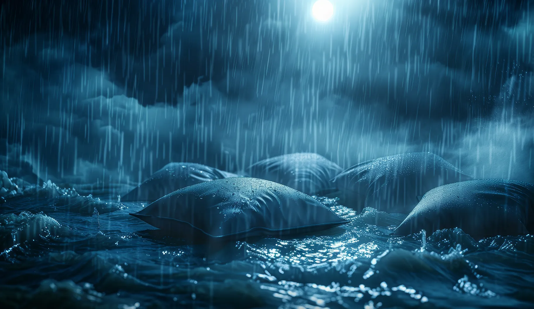 An AI visualization of myelofibrosis symptoms, expressing night sweats with the image of rain falling on wet pillows. 