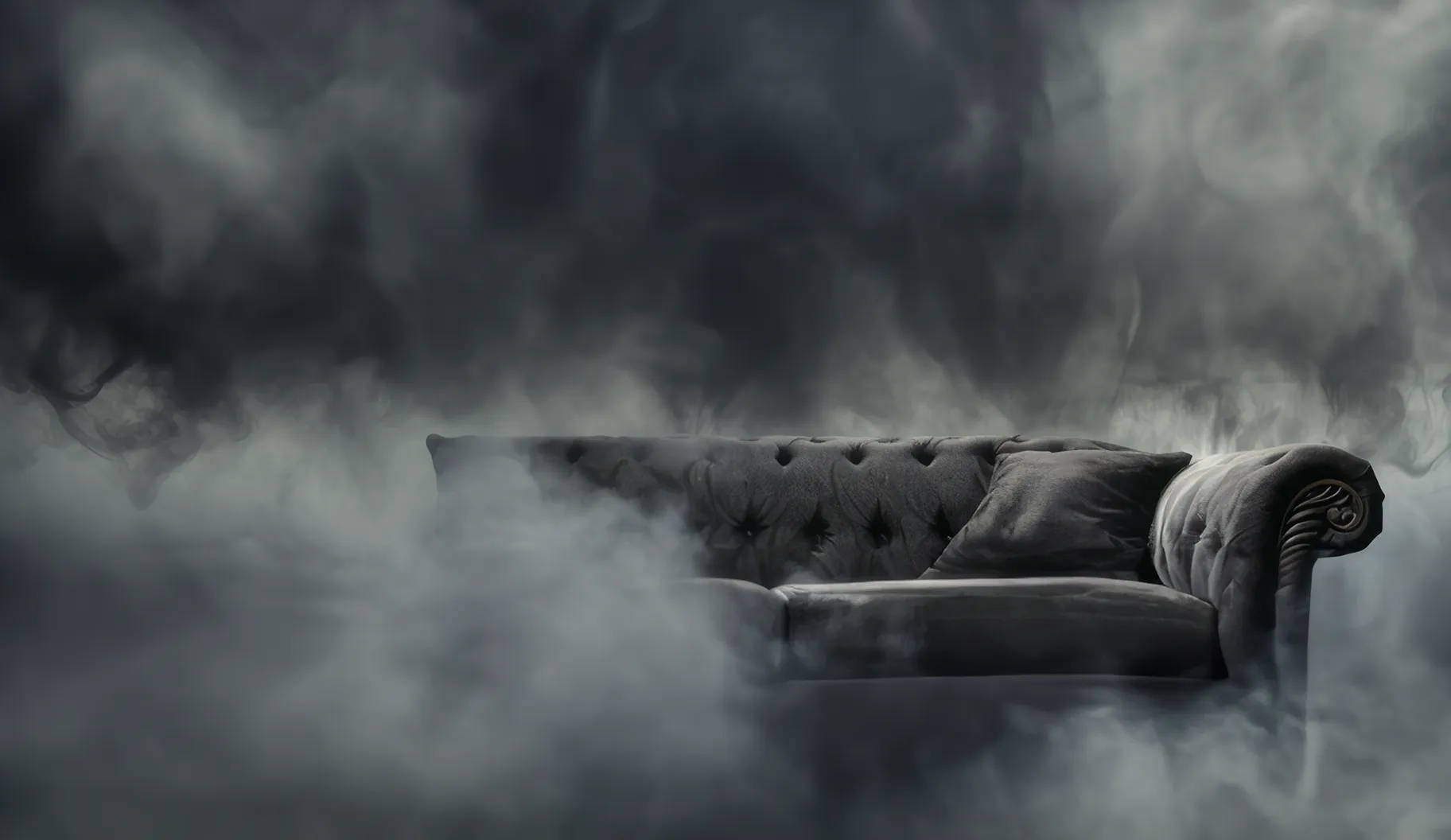 An AI visualization of polycythemia vera symptoms, expressing brain fog with the image of fog surrounding a gray couch.