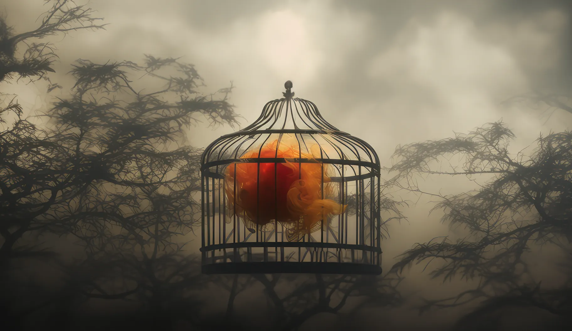 An AI visualization of polycythemia vera symptoms, showing an oversized floating birdcage filled with orange smoke against a cloudy sky.