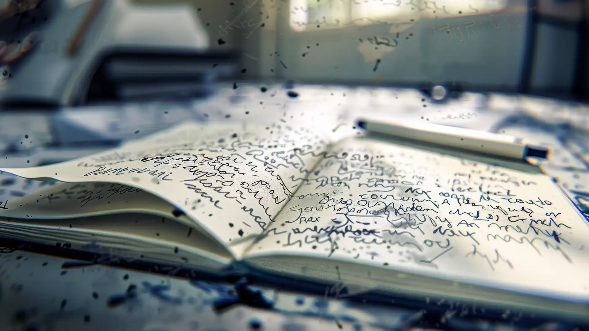 An AI visualization of myelofibrosis symptoms, expressing brain fog with a notebook full of illegible scribbles.