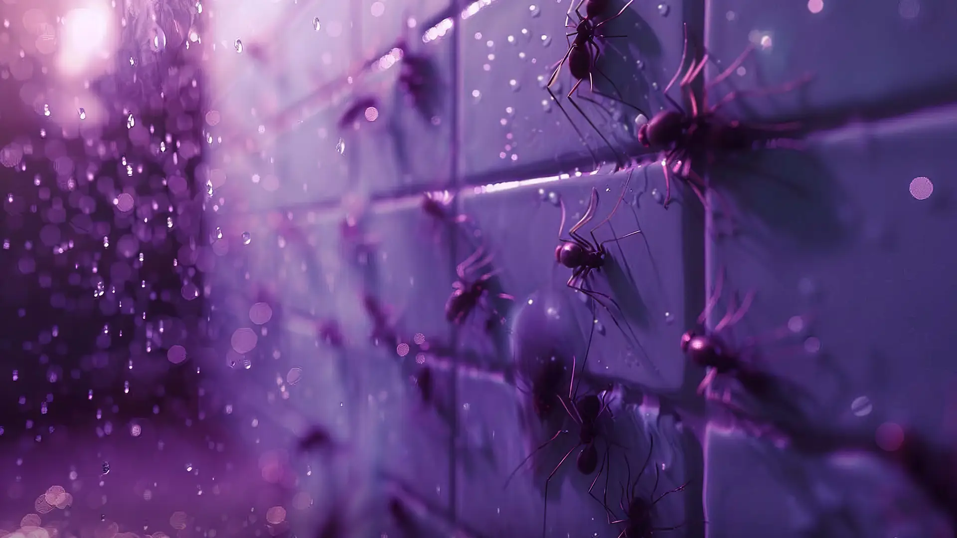 An AI visualization of myelofibrosis symptoms, showing a purple tiled wall covered in large ants.