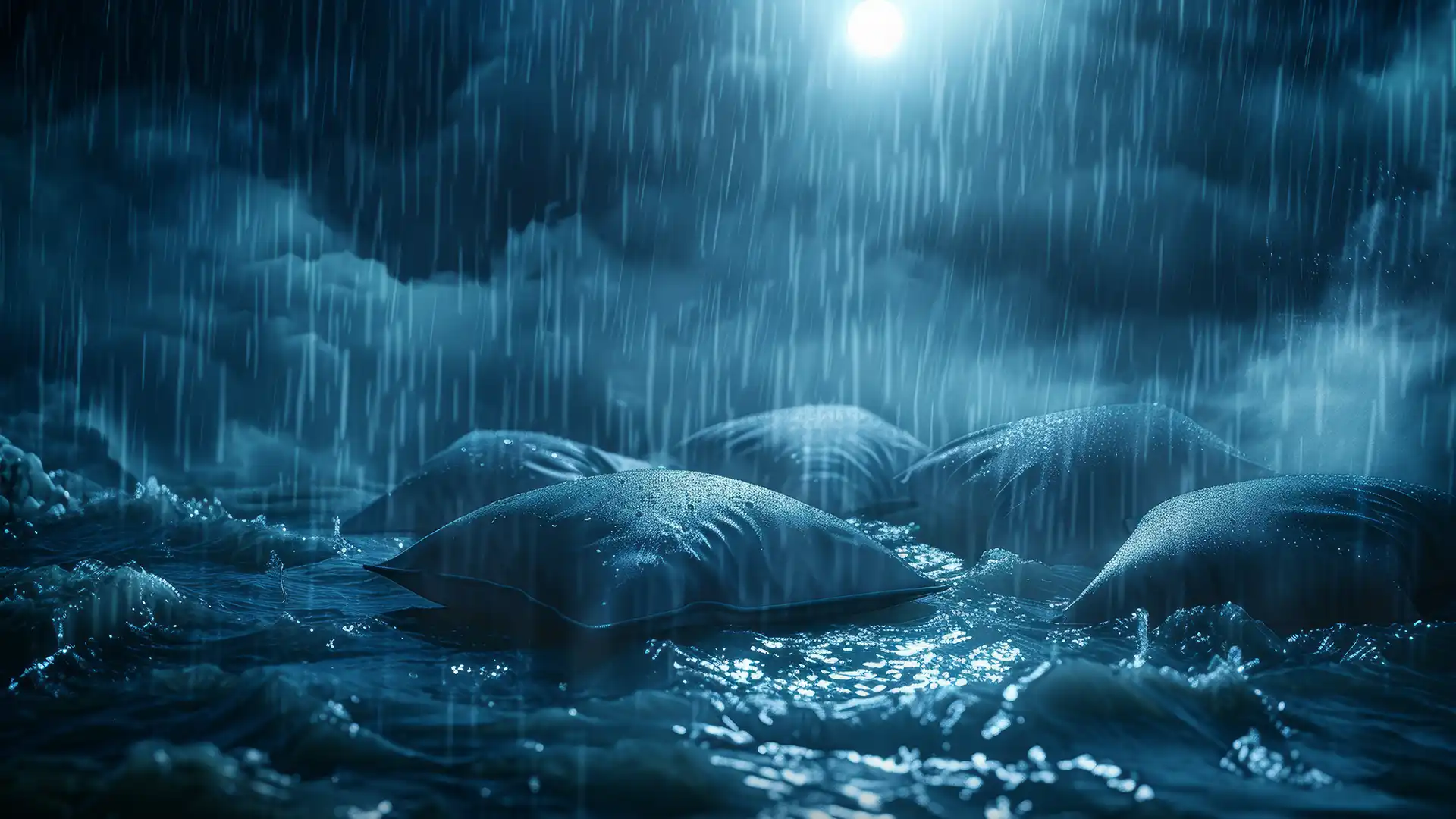 An AI visualization of myelofibrosis symptoms, expressing night sweats with the image of rain falling on wet pillows. 