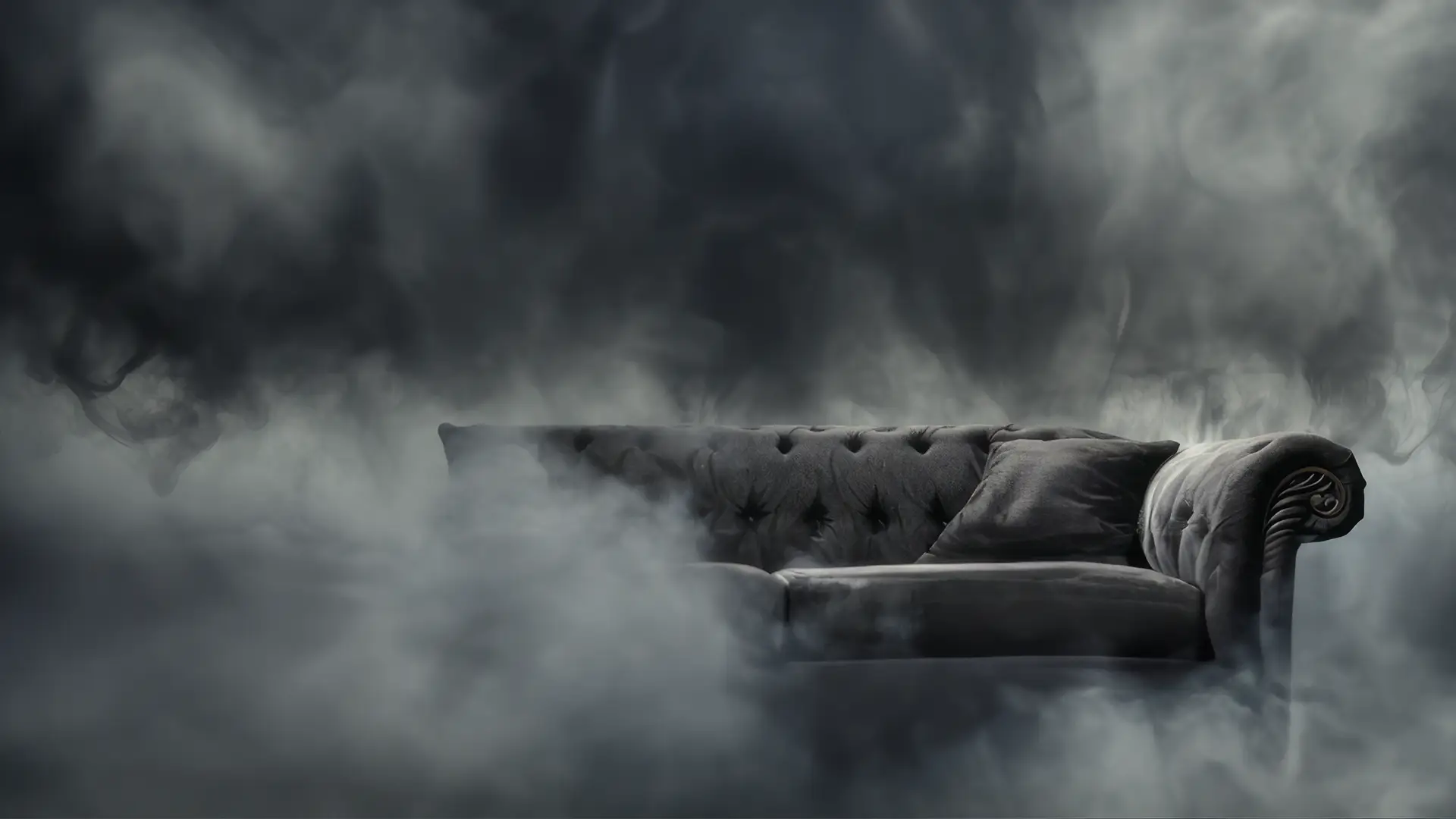 An AI visualization of polycythemia vera symptoms, expressing brain fog with the image of fog surrounding a gray couch.
