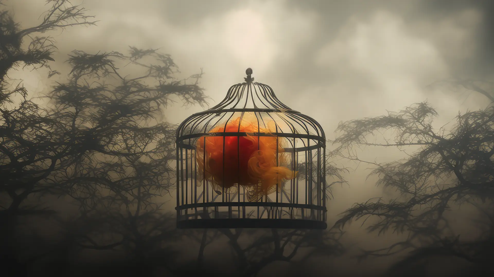 An AI visualization of polycythemia vera symptoms, showing an oversized floating birdcage filled with orange smoke against a cloudy sky.