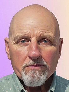 Mickey, an older man with polycythemia vera, stands superimposed in front of an AI-generated image of a football field.