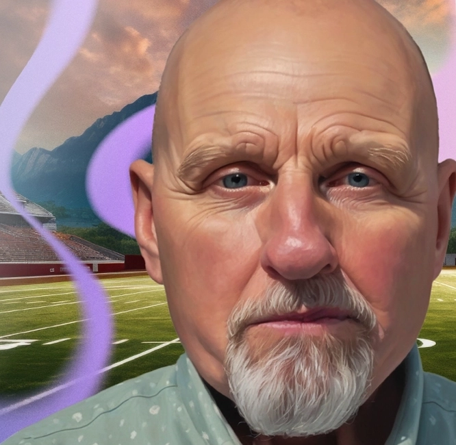 Mickey, an older man with polycythemia vera, stands superimposed in front of an AI-generated image of a football field.